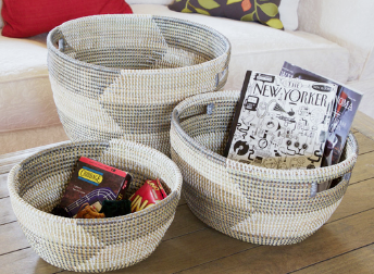 Set of 3 Handwoven Silver Herringbone Nesting Sewing Baskets- Fair Trade, Educates Artisans- Eco-Friendly - Give Back Goods