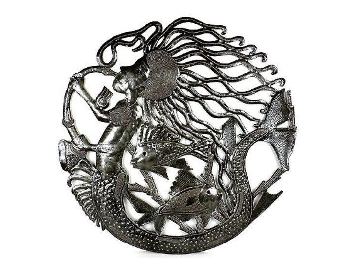 24" Handcrafted Musical Mermaid Metal Wall Decor made from steel drums in Haiti- Fair trade - Give Back Goods