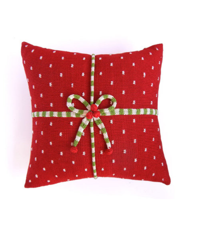 14 x14 Hand Knit Red Christmas Present Pillow, Fair Trade - Give Back Goods
