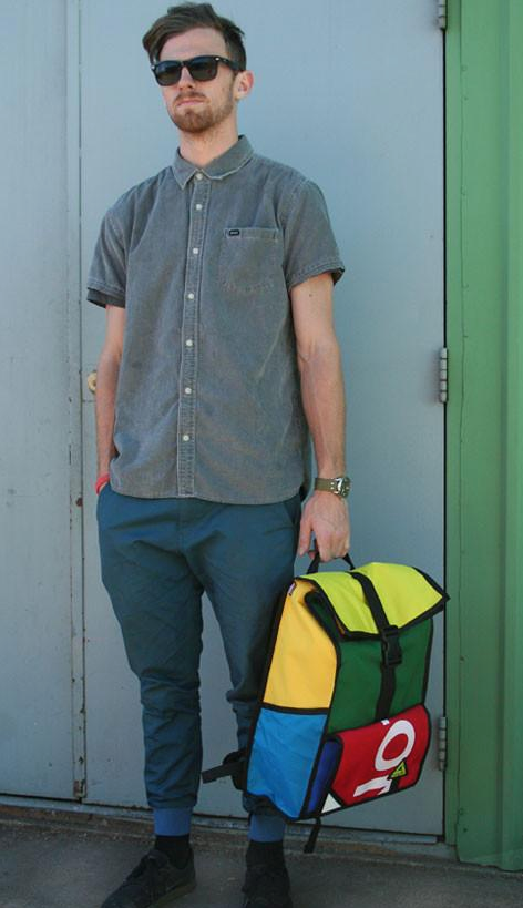 Upcycled Colorful Backpack- Made in the USA from Upcycled Fabrics & Street signs - Save Landfill Space! - Give Back Goods