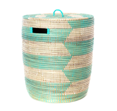 Handwoven Aqua & White cattail Hamper Laundry Storage Basket, Fair Trade, Eco Friendly - Give Back Goods
