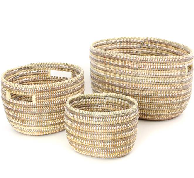 Set of 3 Handwoven Silver, Cream & White Nesting Baskets, Fair Trade - Give Back Goods