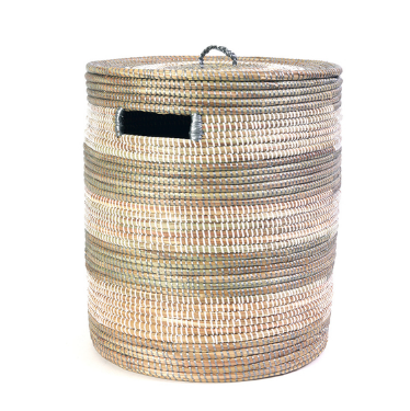 Silver and White Handwoven Cattail Hamper Laundry Storage Basket, Fair Trade - Give Back Goods