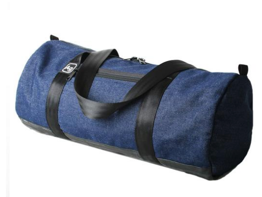 Repurposed denim duffle bag- Made in the USA from upcycled Denim & Bicycle inner tubes- Saves Landfill Space! - Give Back Goods