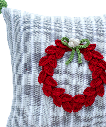Hand Knit Christmas Pillow with Red Wreath, Grey Stripes, Fair Trade - Give Back Goods