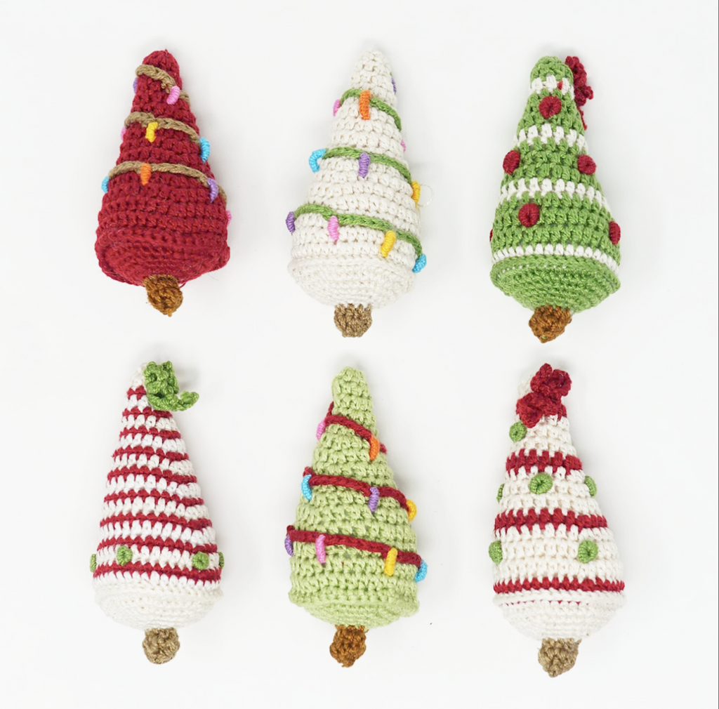 Set of 6 Hand Crocheted Christmas Tree Ornaments,  Fair Trade - Give Back Goods