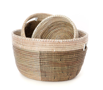 Set of Three Handwoven Brown & White Nesting Sewing Baskets, Fair Trade - Give Back Goods