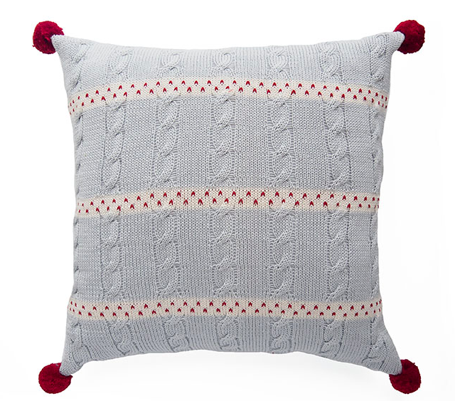 14 x14 Hand Knit Grey Cable Christmas Pillow with stripes, Fair Trade - Give Back Goods
