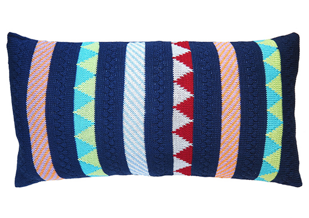 10x20 Hand Knit Navy & mult-colored striped Baby Pillow, Fair Trade - Give Back Goods