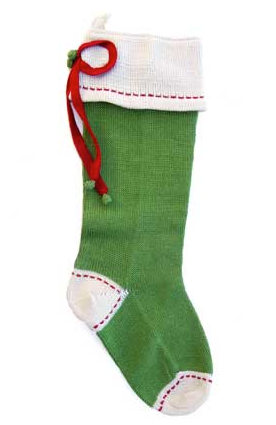 Hand Knit Green Christmas Stocking with Gift Bow & Stitching, Fair Trade - Give Back Goods