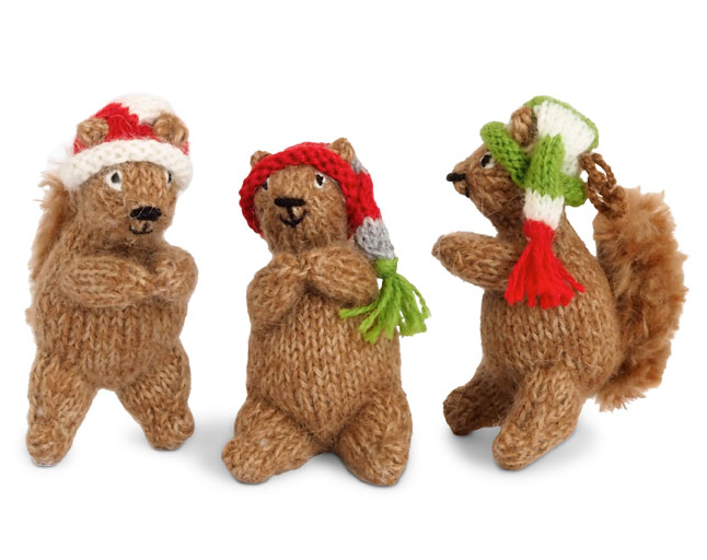 Set of 3 Hand Knit Woodland Squirrels in Christmas Hats, Fair Trade - Give Back Goods