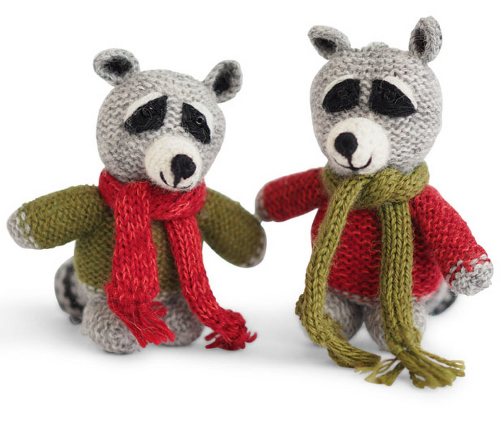 Set of 2 Hand knit Raccoon with Sweaters Ornaments, Fair Trade - Give Back Goods
