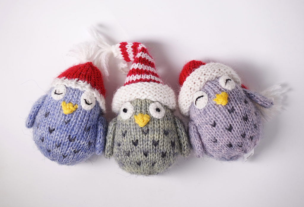 Set of 3 Hand Knit Tiny Owl Ornaments, Fair Trade supports Women Artisans! - Give Back Goods