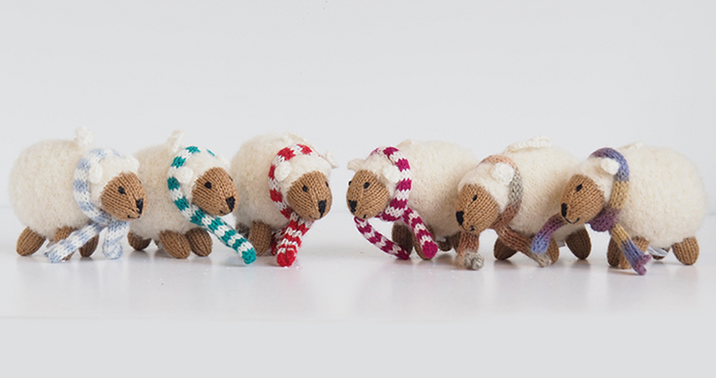 Set Of 6 Hand Knit Sheep in Scarfs Christmas Ornaments, Fair Trade - Give Back Goods