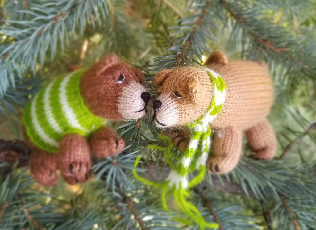 Set of 2 Hand Knit Bear Ornaments, green scarves, Fair Trade - Give Back Goods