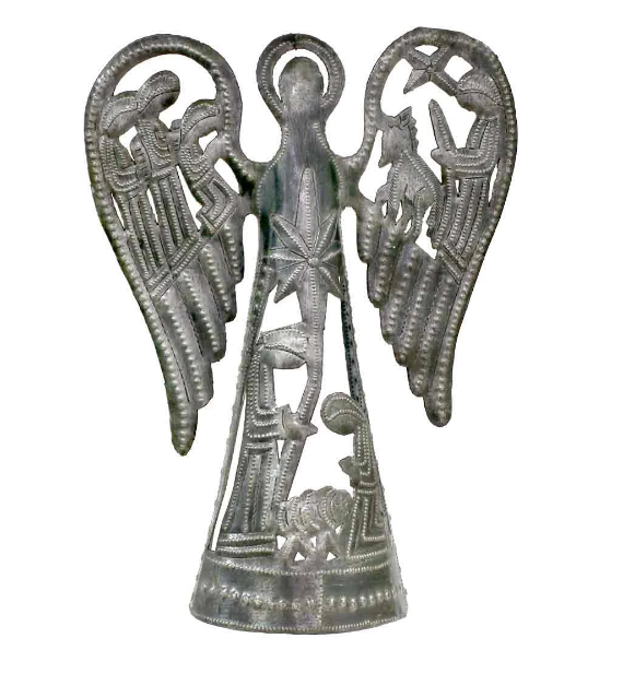 12" Handcrafted metal Angel with Nativity Scene Made From Drums in Haiti, Fair trade - Give Back Goods