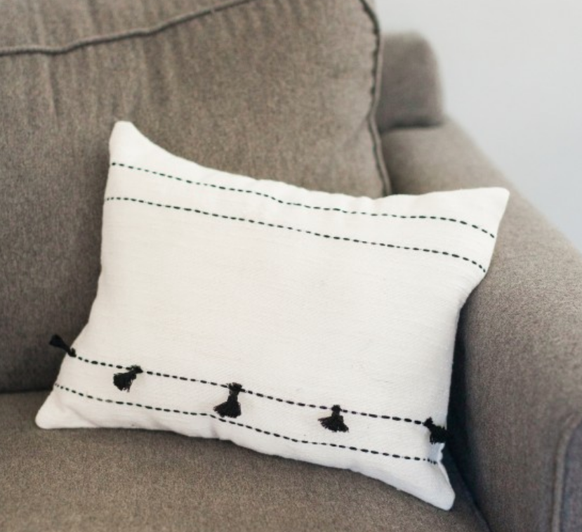 16" Tasseled Tunisian Pillow, Hand Woven & Embroidered Cotton, Eco-Friendly, Fair Trade
