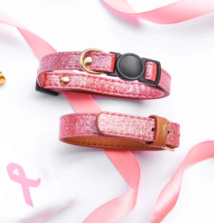 Pink Glittery Vegan Cat Collar and Matching Bracelet, Feeds 3 Shelter Animals & 10% goes back to breast cancer awareness!!
