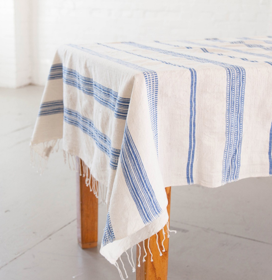 Hand woven Striped Ethiopian Cotton Tablecloth (Blue or Grey) - Eco-Friendly, Fair Trade