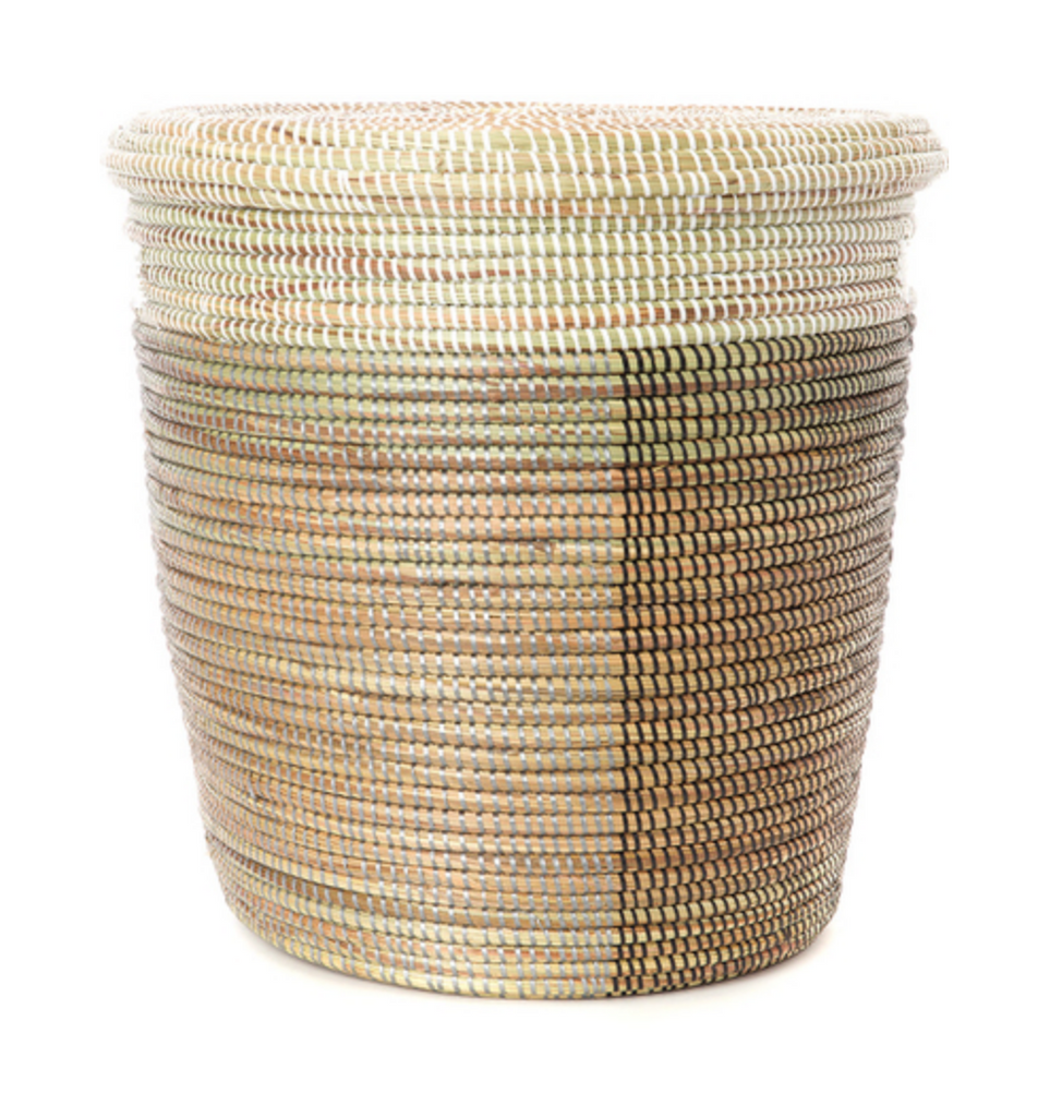 Brown, Silver and White Handwoven Cattail  Flat Lid Storage Basket, Fair Trade