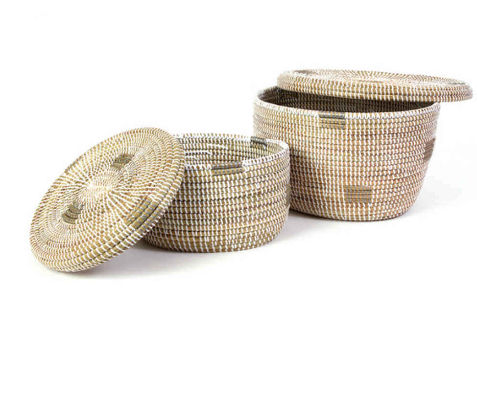 2 White Oval Pixel Handwoven African Cattail Decorative Storage Basket, Fair Trade