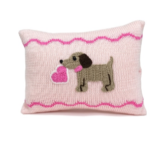 Pink Mini baby Puppy Pillow with Valentine's Heart, Handknit, Fair Trade