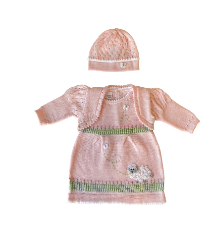 Hand Knit Pink Easter Dress With a Baby Lamb, Fair Trade 6 mos Hand Knit Pink Easter Dress With a Baby Lamb, Fair Trade 6 mos