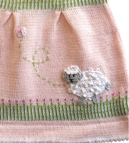 Hand Knit Pink Easter Dress With a Baby Lamb, Fair Trade