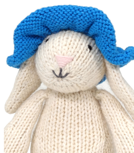 Hand Knit White Easter Bunny with Blue Sun Hat Stuffed animal, Fair Trade