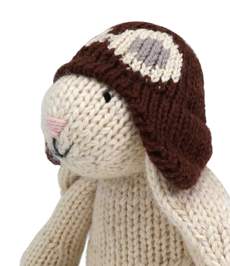 Hand Knit White Easter Bunny with Brown Hat Stuffed animal, Fair Trade