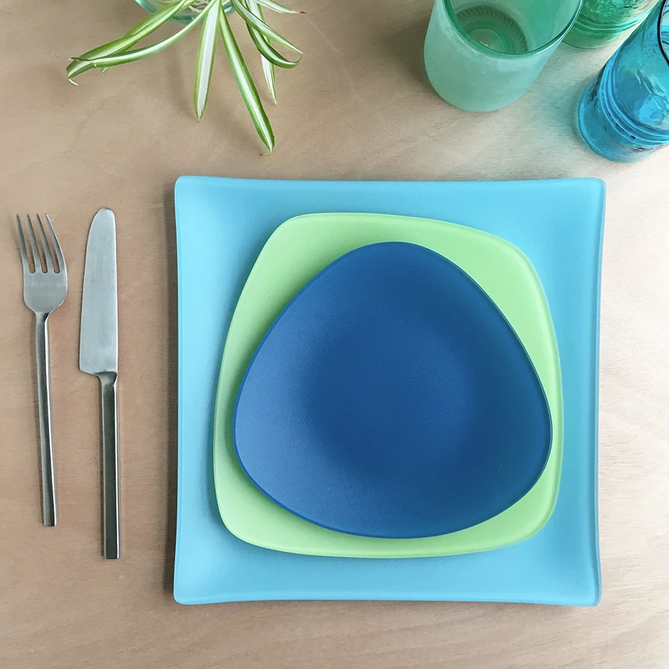 Sea Glass Dishes Place setting- 3 pieces, Recycled Glass, Made in USA, Lead and Cadmium Free- Eco-Friendly