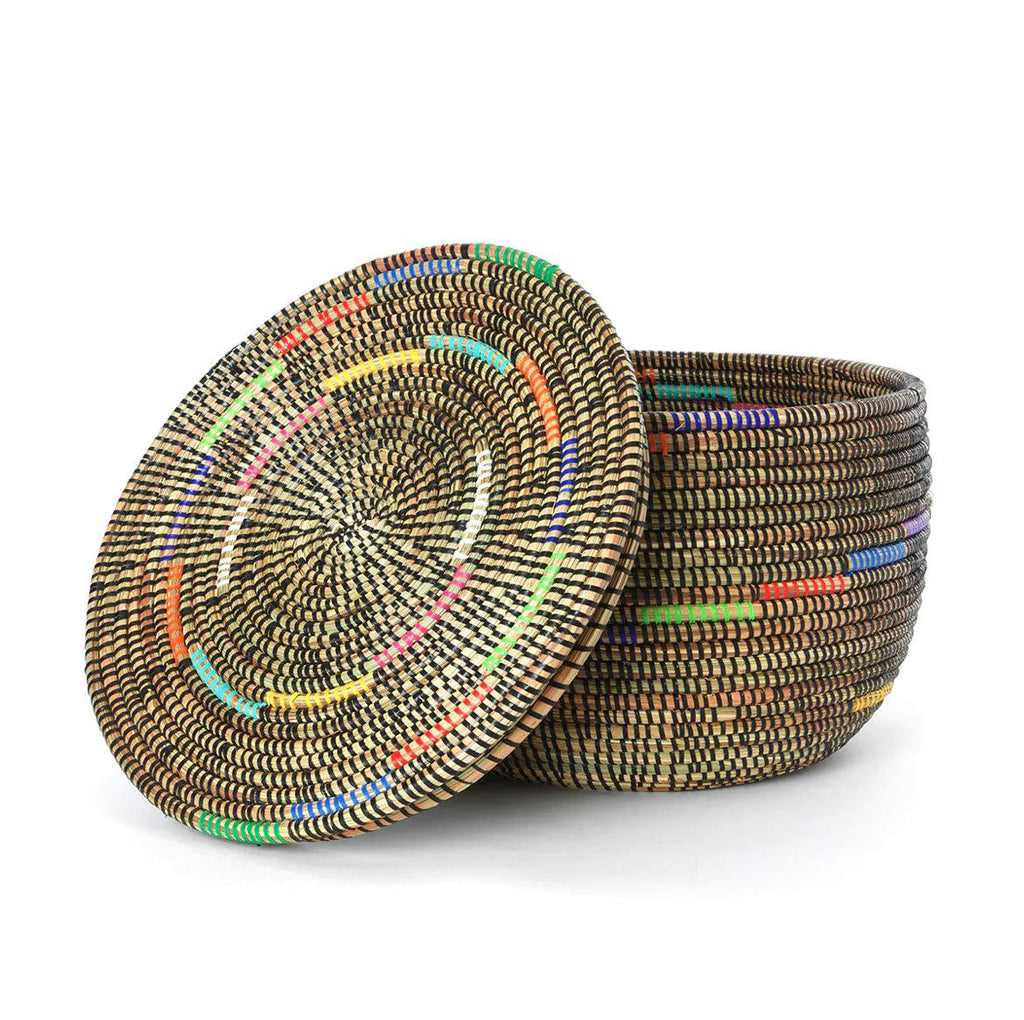 Brown Rainbow Swirl Handwoven African Cattail Decorative Storage Basket, Fair Trade